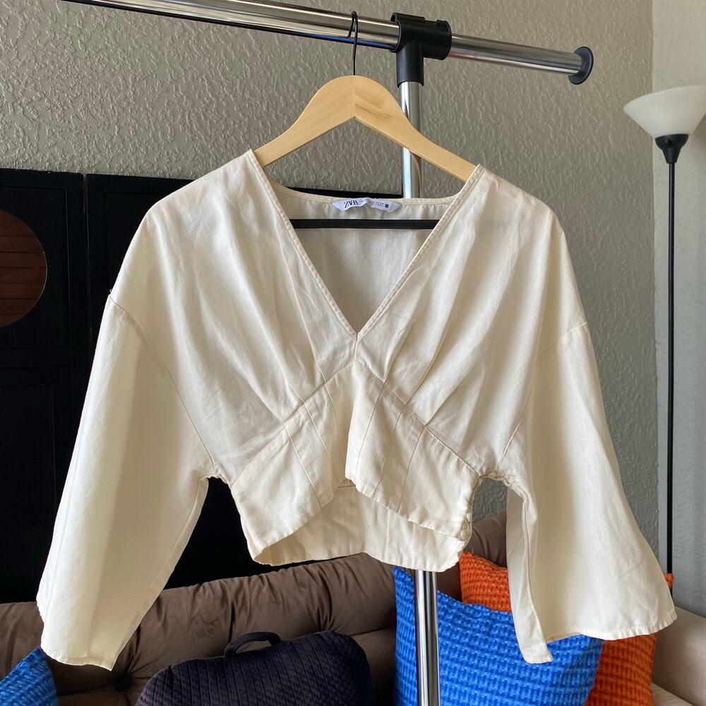 Zara Crop Blouse Cotton Linen Boho Sleeve Flare Fitted Cream XS V-Neck Beachy